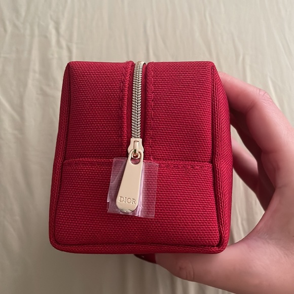 Dior Beauty Red Canvas Embossed Logo Makeup Toiletry Bag Zip Pouch - Picture 6 of 9